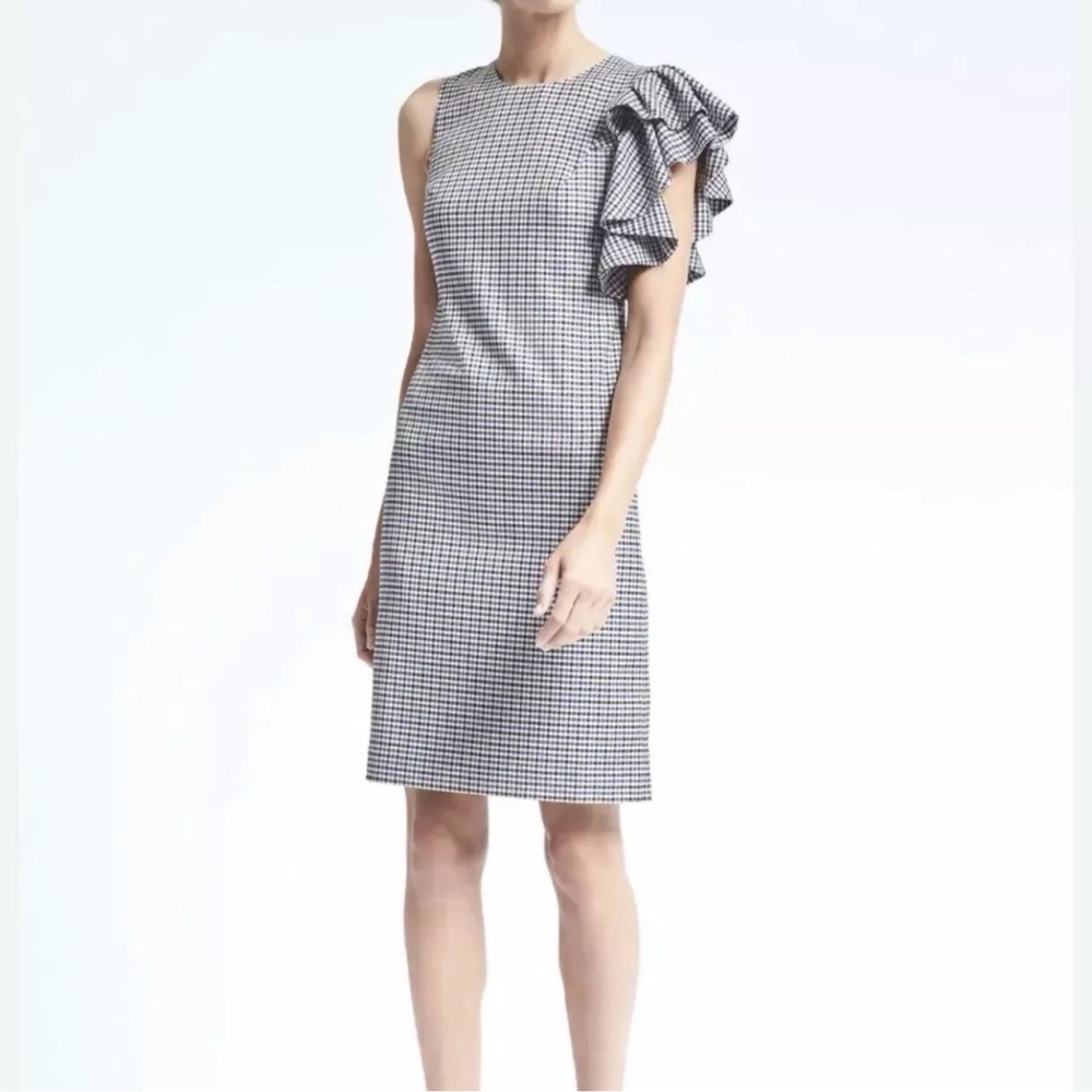 MSRP $138 BANANA REPUBLIC Women’s One Shoulder Ruffle Sheath Dress Plaid Size 8